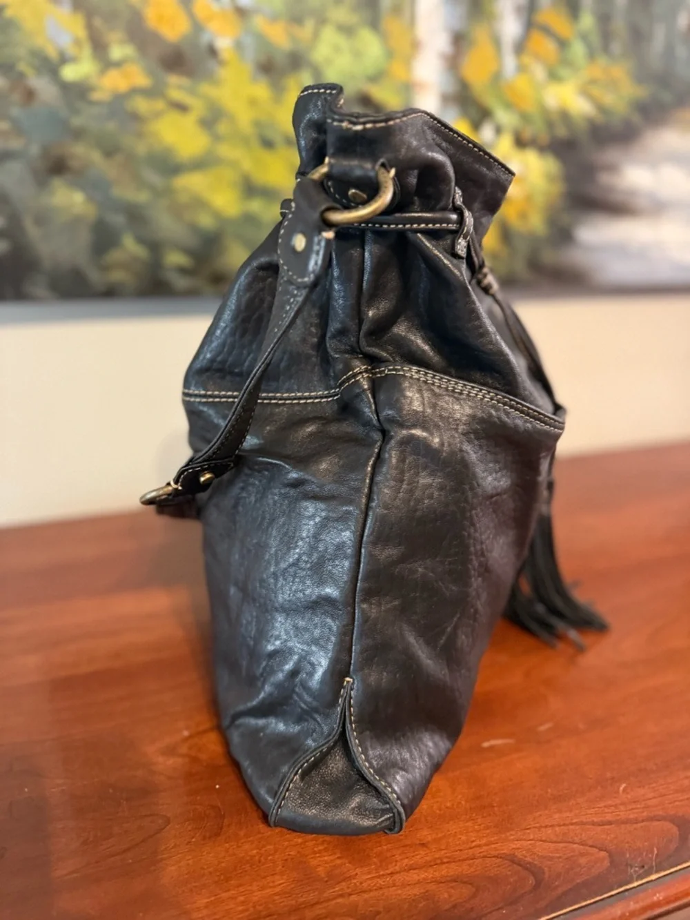 Vintage Liz Claiborne Genuine Leather Bucket Bag • Drawstring Tassel • Slouchy - Picture 3 of 16